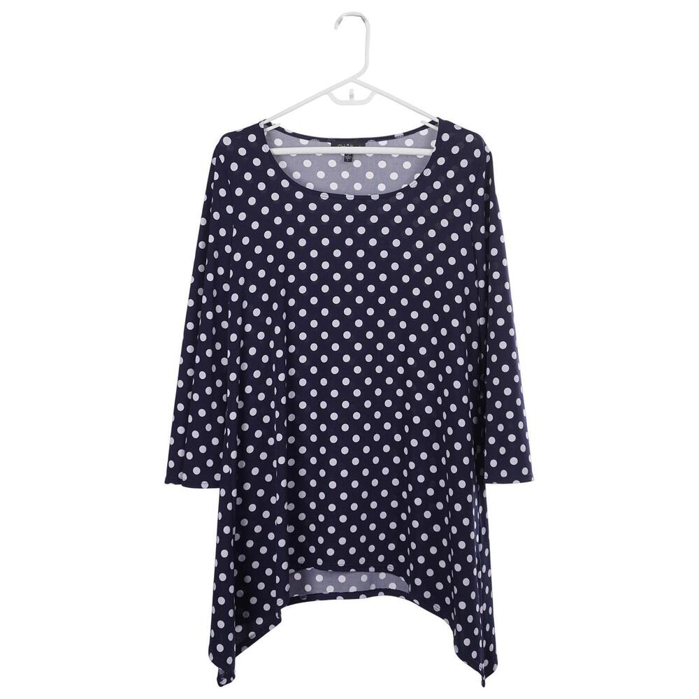 Slinky Brand Tunic Top L Navy Blue Polka Dot Scoop Neck Stretch Casual